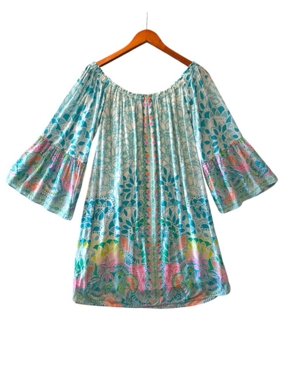 Lilly Pulitzer Nevie Off-the-Shoulder Dress Blue Pink Print Size M - Picture 3 of 4